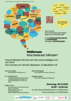 Weißensee - Was bedeutet Teilhabe. Dialogrunde am 06.12.22 um 19.00 im Stadtteilzentrum Weißensee. Diskutieren Sie mit uns und den Podiumsgästen.